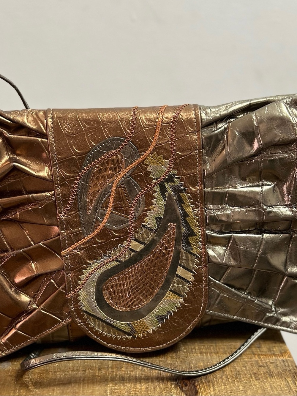 Vintage Large Samir Embroidered Metallic Brown Patchwork Purse/ Clutch